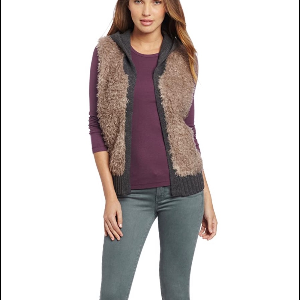 Echo design faux fur with knit hood S/M taupe/grey
